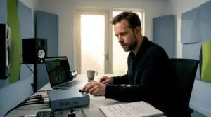 In de studio is de producer bezig met een audioconverter.