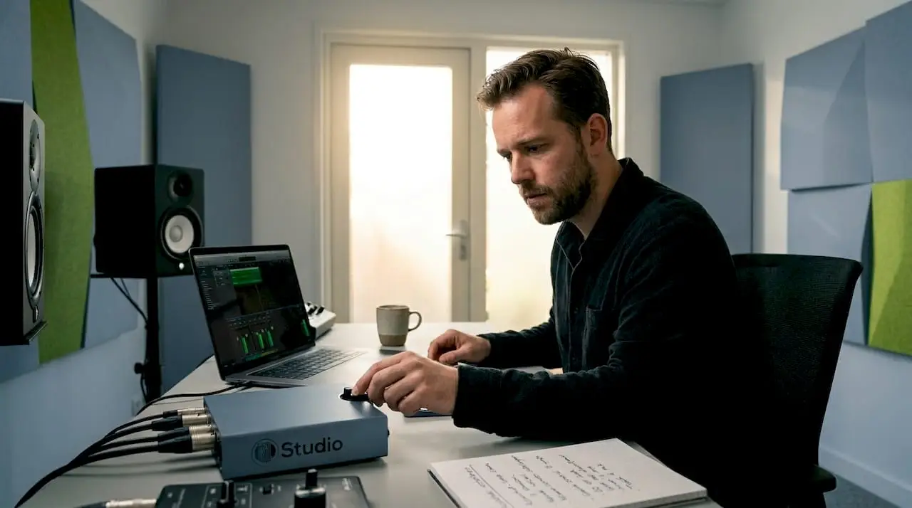 In de studio is de producer bezig met een audioconverter.