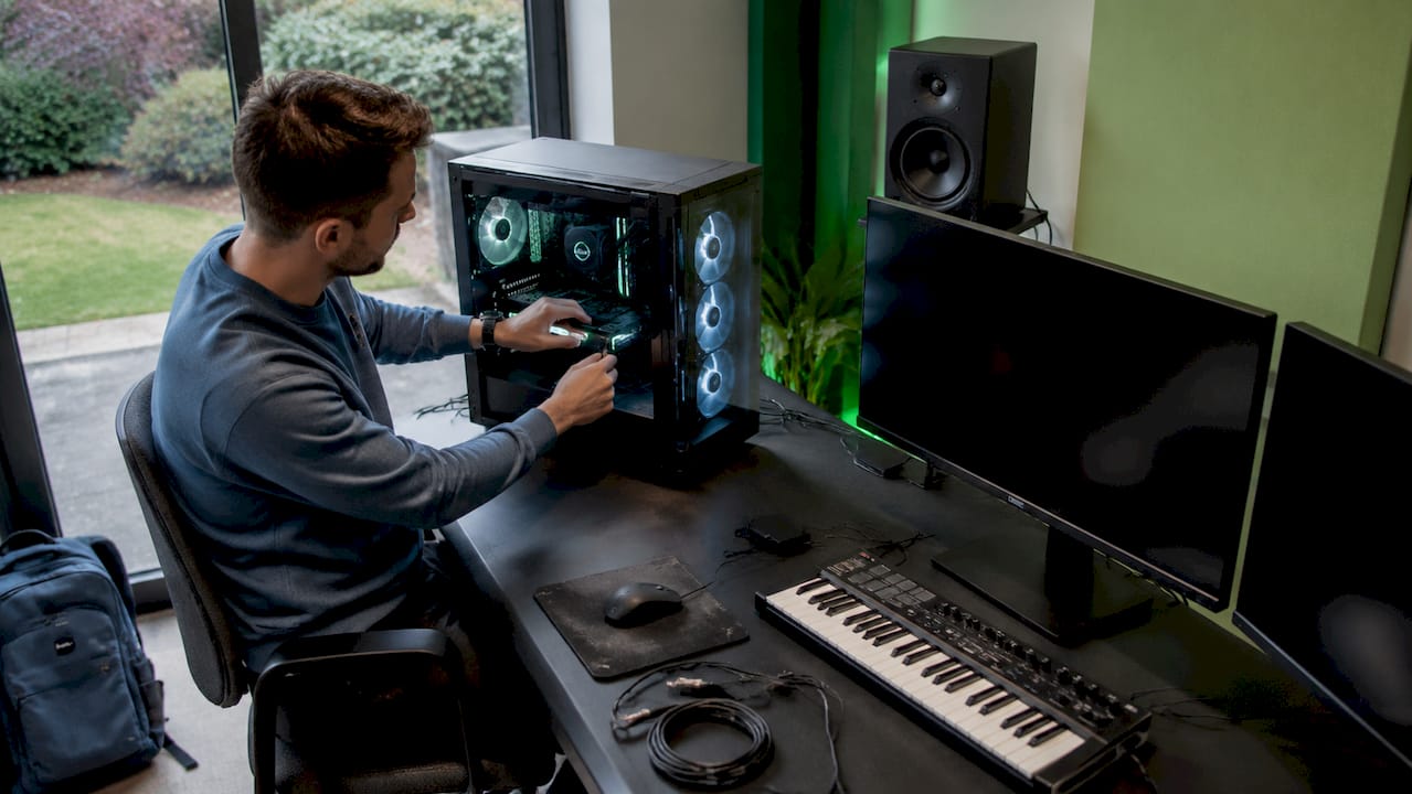 Een technicus stelt de hardware van de studio-pc bij