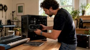 Man plaatst krachtige videokaart in computer voor AI-muziekproject