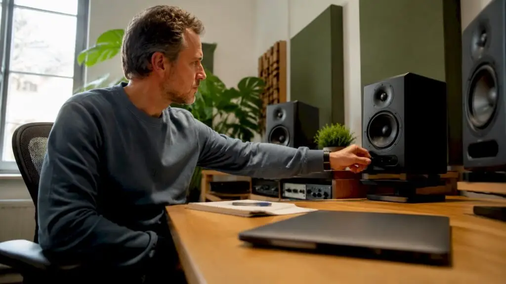 Een man stelt de studiomonitoren af in een professionele studio.