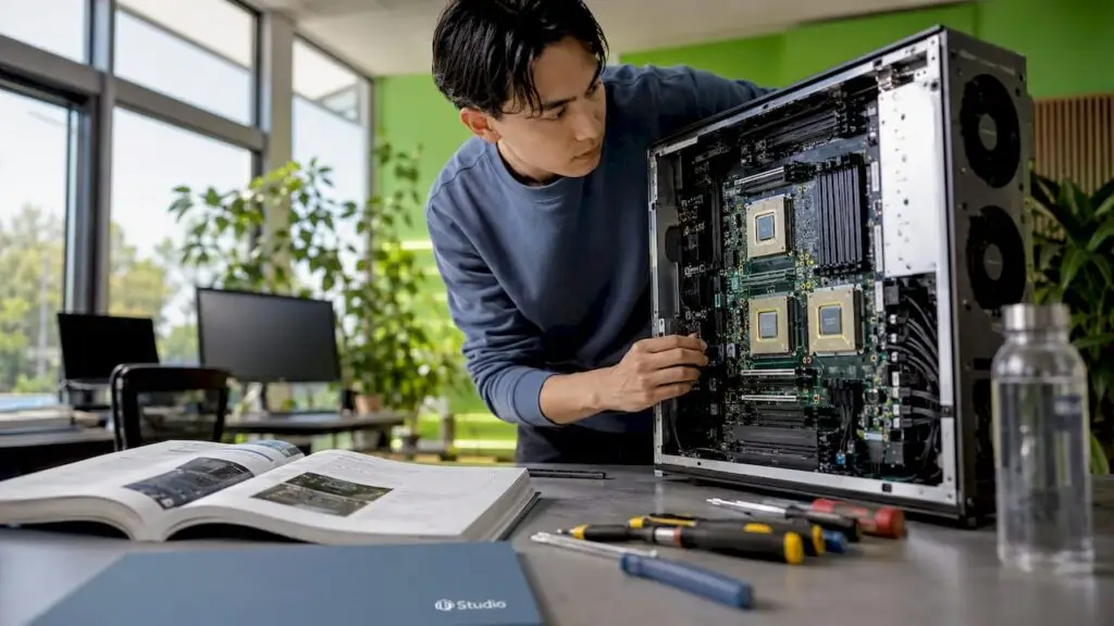 Een technicus controleert de hardware van een AI-computer.