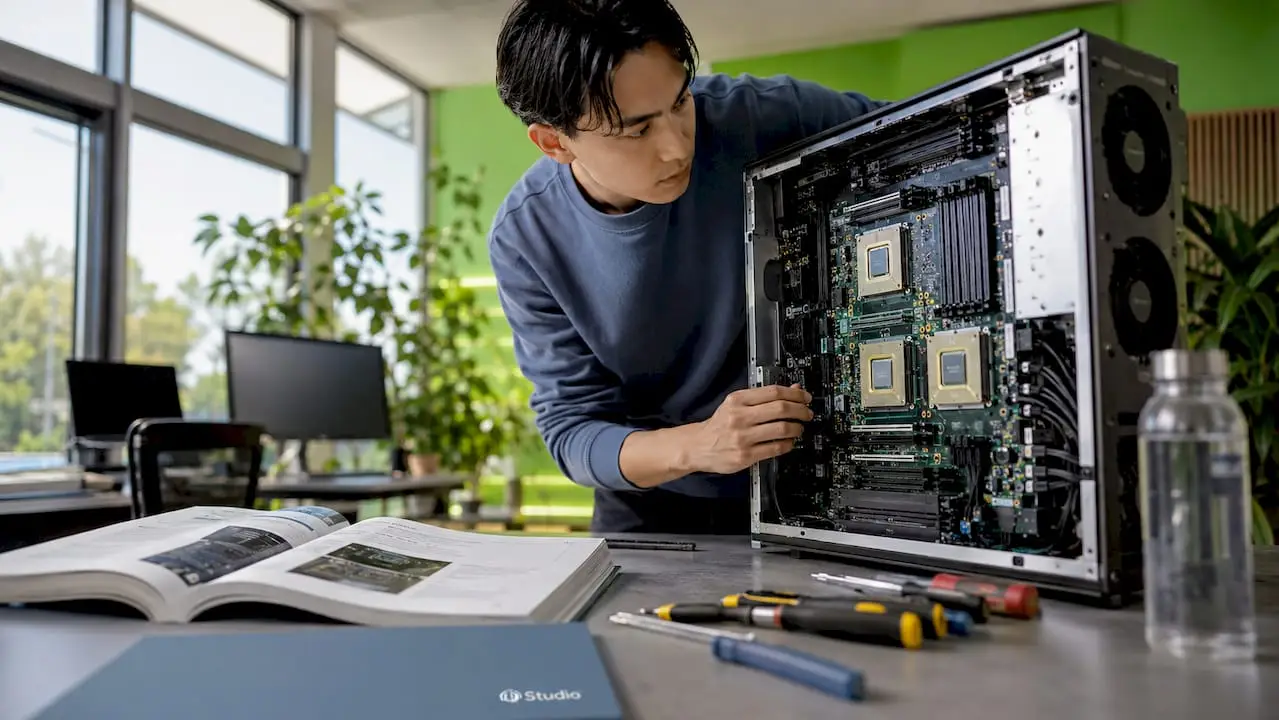 Een technicus controleert de hardware van een AI-computer.