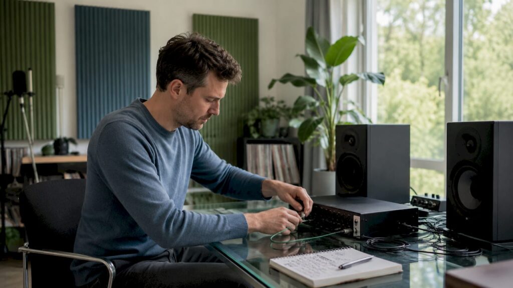 Een geluidstechnicus die apparatuur in de muziekstudio aansluit.