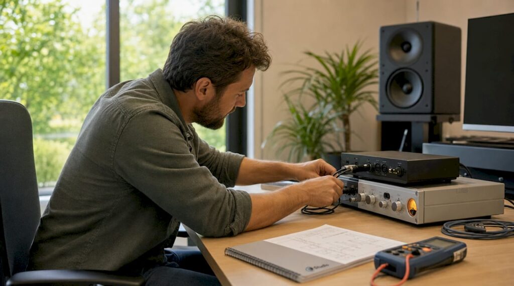 Man legt bekabeling aan en installeert apparatuur in een opnamestudio.