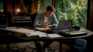 Een muziekproducer werkt in de studio met een SSD-schijf.