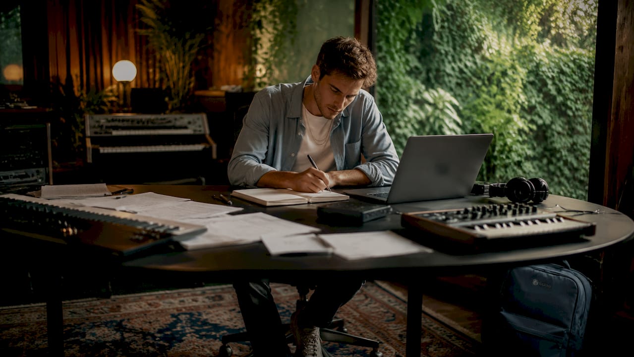 Een muziekproducer werkt in de studio met een SSD-schijf.