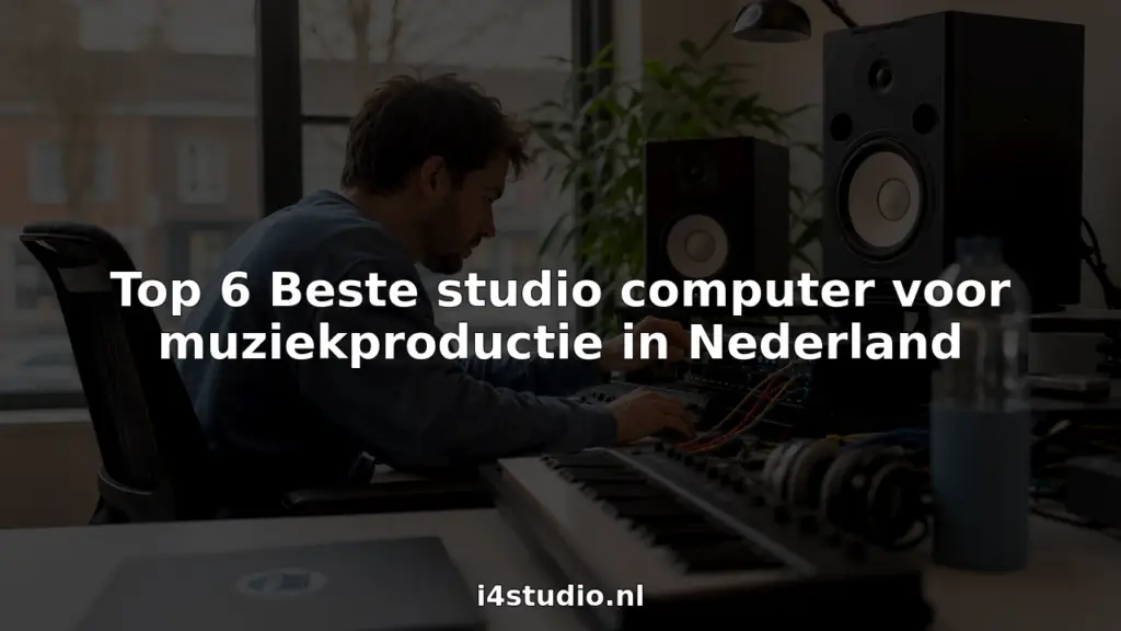 Een muziekproducer aan het werk achter zijn computer in de studio, verbonden met een audio-interface.
