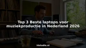 Een man is aan het werk achter zijn laptop in een muziekstudio.