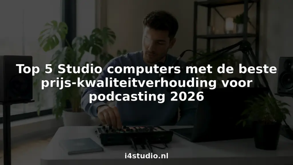 Een podcaster stelt de geluidsapparatuur af in zijn eigen studio aan huis.