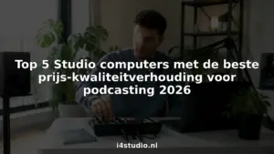 Een podcaster stelt de geluidsapparatuur af in zijn eigen studio aan huis.