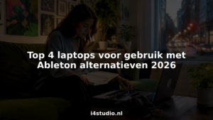 Een muziekproducer stelt zijn MIDI-controller af terwijl hij achter zijn laptop zit.