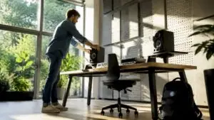 Een geluidstechnicus die het geluid van de studiomonitoren nauwkeurig afstemt.