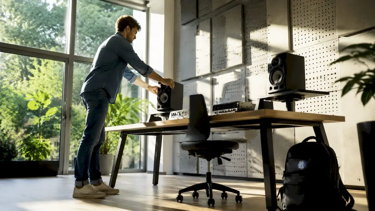Waarom monitor placement je studio maakt of breekt 1 Een geluidstechnicus die het geluid van de studiomonitoren nauwkeurig afstemt.