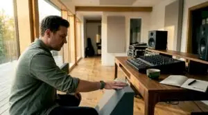 Een muzikant bekijkt in de studio aandachtig de basstrap.