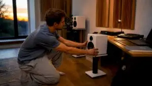 Een geluidstechnicus aan het werk in zijn thuisstudio, omringd door monitor speakers.