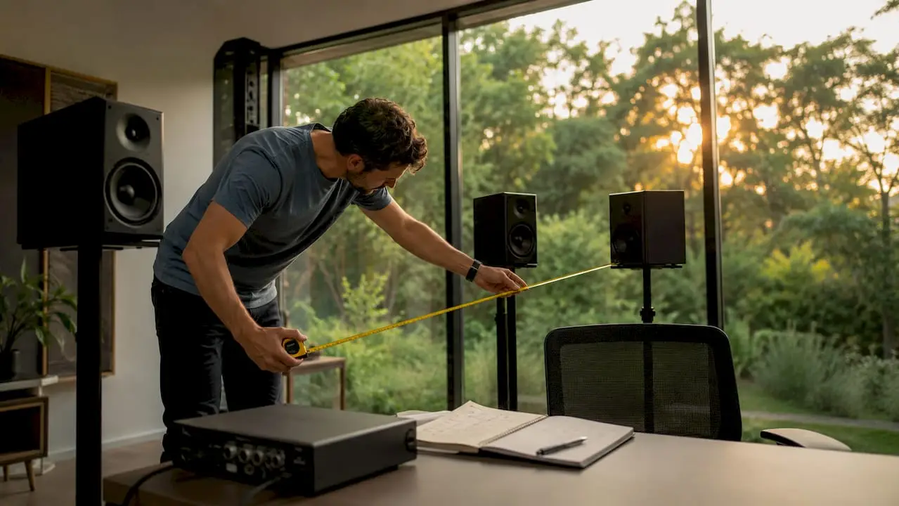 Workflow studio monitor opstelling: de complete gids 7 Man die zijn studio monitoren zorgvuldig opstelt in zijn thuisstudio