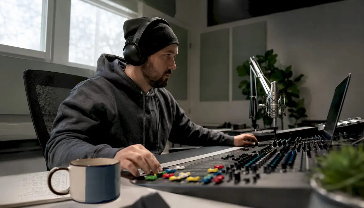 Definitie monitoring hoofdtelefoon: gids voor audioprofessionals 2 Een geluidstechnicus is aan het werk in de studio en luistert nauwkeurig mee via zijn koptelefoon.