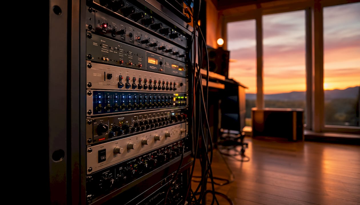 Waarom racks in studio onmisbaar zijn voor je setup 1 Rackkast in de studio vol met professionele audioapparatuur