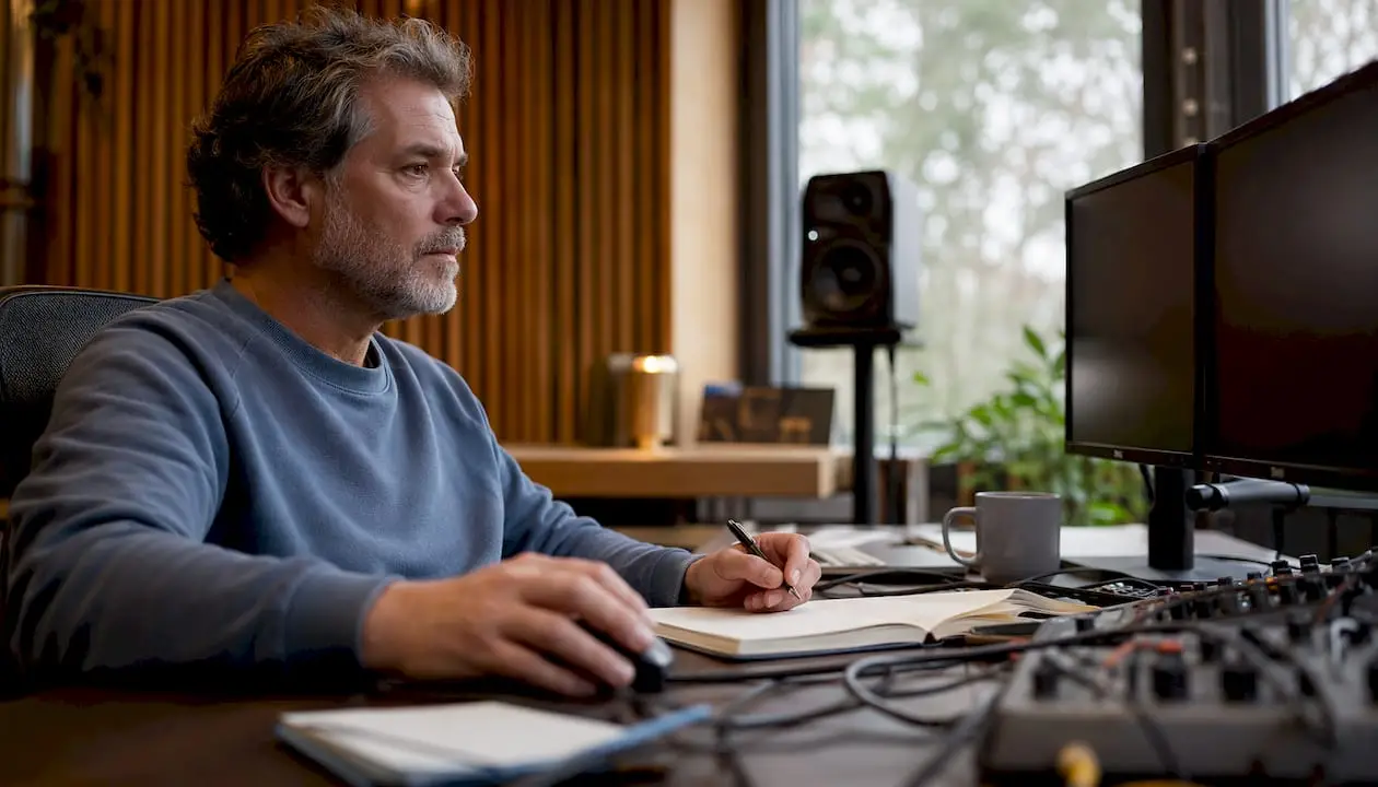 Waarom dubbele monitor setups elke studio verbeteren 6 Een geluidstechnicus werkt in de studio met twee beeldschermen naast elkaar.