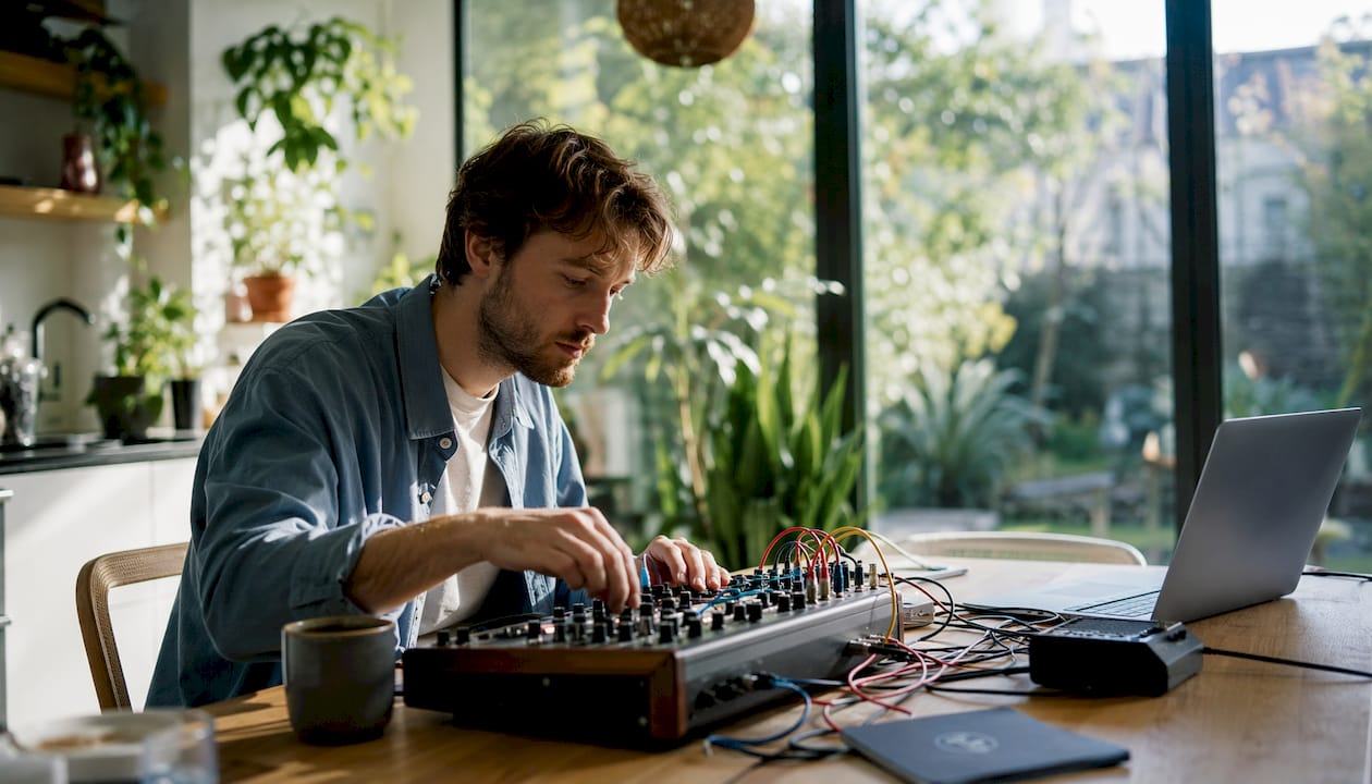 Uitleg audio synthesizers voor muzikanten en producers 5 Een muzikant draait aan de knoppen van een analoge synthesizer om het geluid precies goed af te stellen.