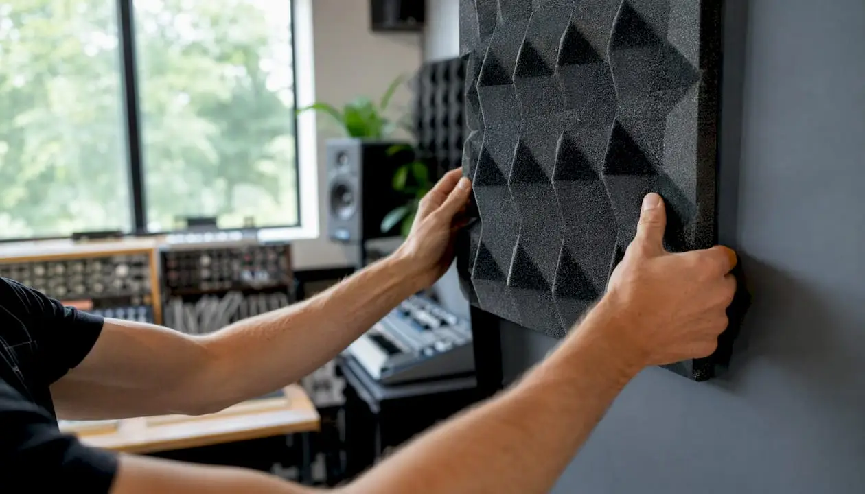 Handen die een akoestisch paneel in een studio monteren