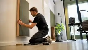 Een paar handen bevestigen een dik geluidsabsorberend paneel aan de muur van een thuisstudio.