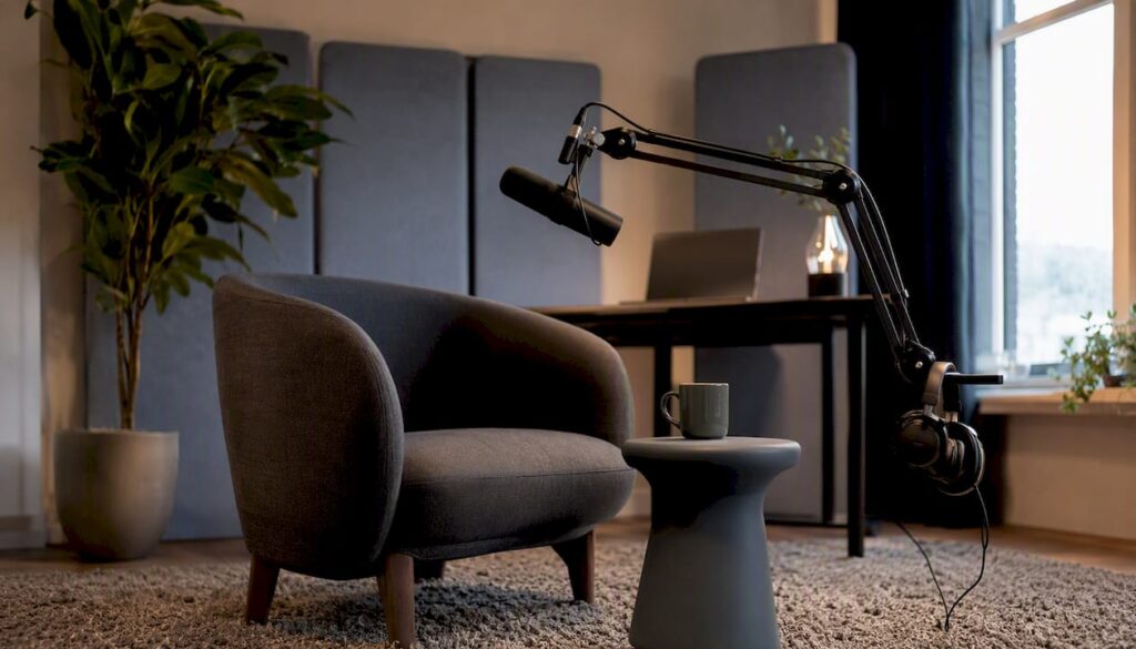Een professionele podcaststudio ingericht met geluidsabsorberende panelen en hoogwaardige microfoons.