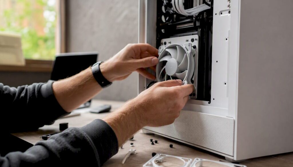 Iemand plaatst een stille ventilator in de behuizing van een studio-pc.