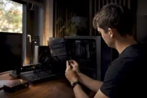 Iemand start zijn studio-pc op om problemen met de plugins op te lossen.