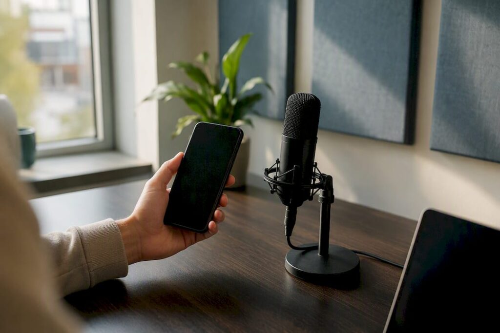 Een hand houdt een smartphone vast, terwijl er een microfoon klaarstaat in een huiselijke studio.