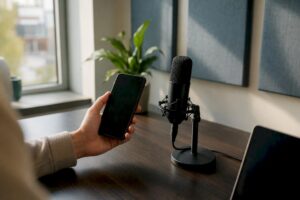 Een hand houdt een smartphone vast, terwijl er een microfoon klaarstaat in een huiselijke studio.