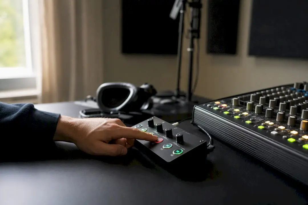 Kies het juiste talkback systeem voor je studio 4 Hand drukt op knop van compacte talkback-controller
