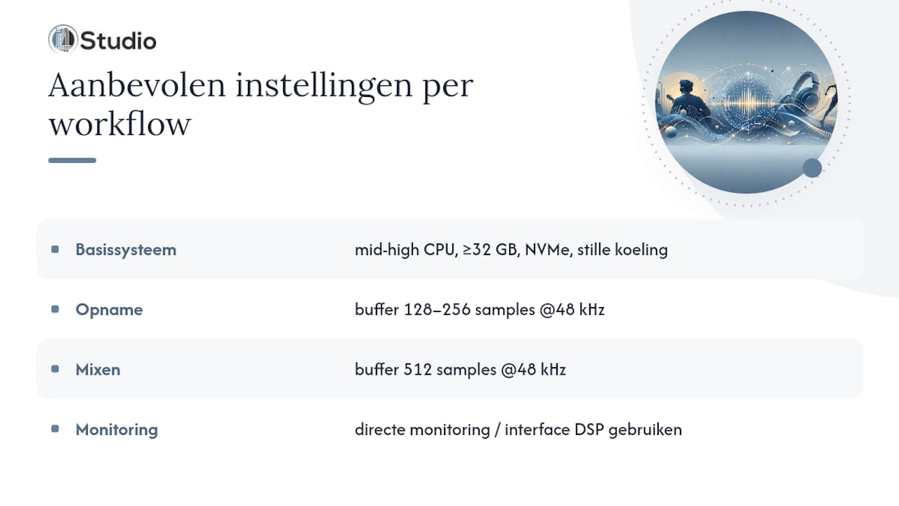 Lage latency audio pc: de Windows‑instellingen die echt tellen 2 Praktijkvoorbeelden: aanbevolen instellingen per workflow — overview diagram