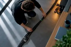 Gebalanceerde studiokabels netjes langs de apparatuur gelegd