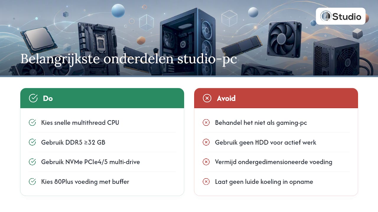 Studio pc specificaties 2026: wat je nu écht nodig hebt 1 Welke onderdelen bepalen echt het verschil in een studio pc? — overview diagram