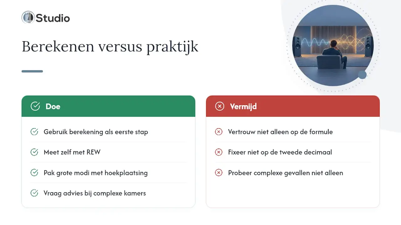 Kamer modes berekenen voor je studio: methode en formules 2 Waarom rekenmodellen zelden het hele verhaal zijn — overview diagram