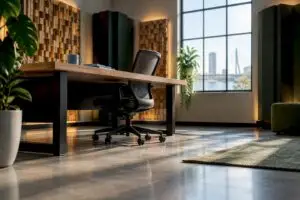 Studio met akoestische panelen en een open bureau