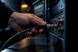 BNC-kabel aangesloten voor studiosynchronisatie