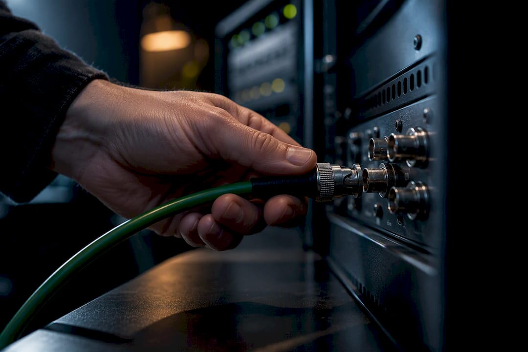 BNC-kabel aangesloten voor studiosynchronisatie