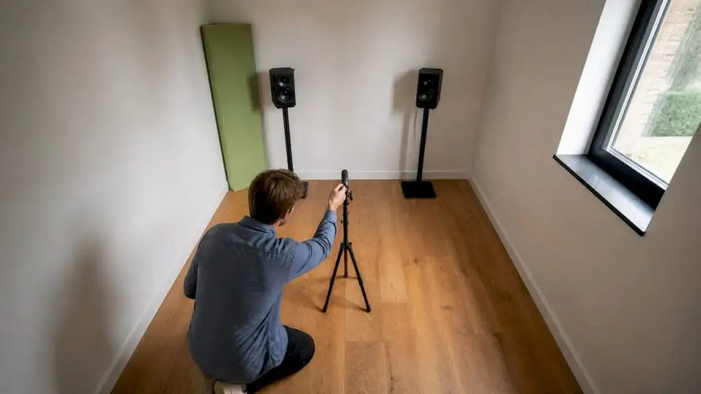 Thuisstudio met meetmicrofoon en monitorluidsprekers