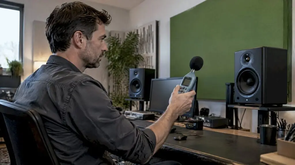 Technicus meet het volume van de studiomonitors met een SPL-meter