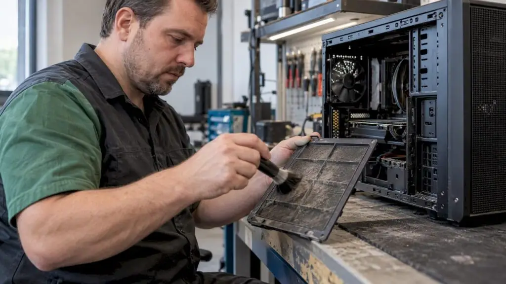 Monteur maakt pc-filter schoon op de werkbank