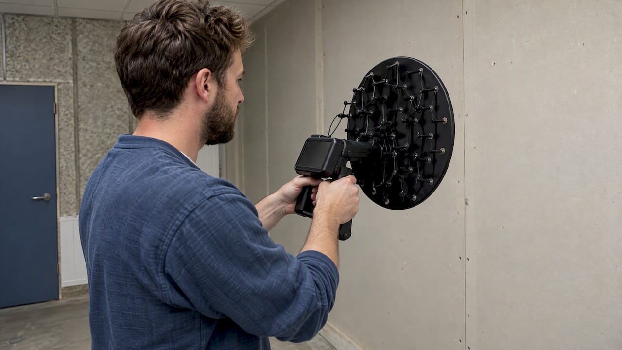 Specialist onderzoekt wand met akoestische camera