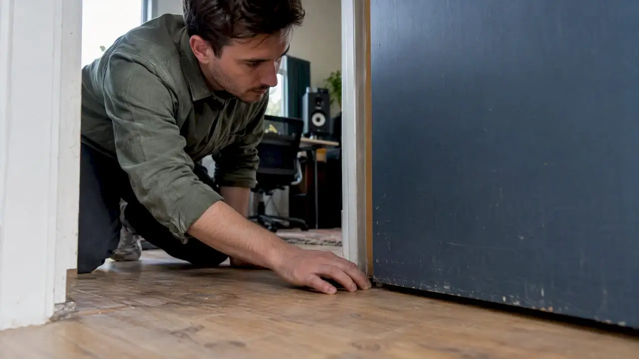 Studio-eigenaar kijkt onder de deurkier