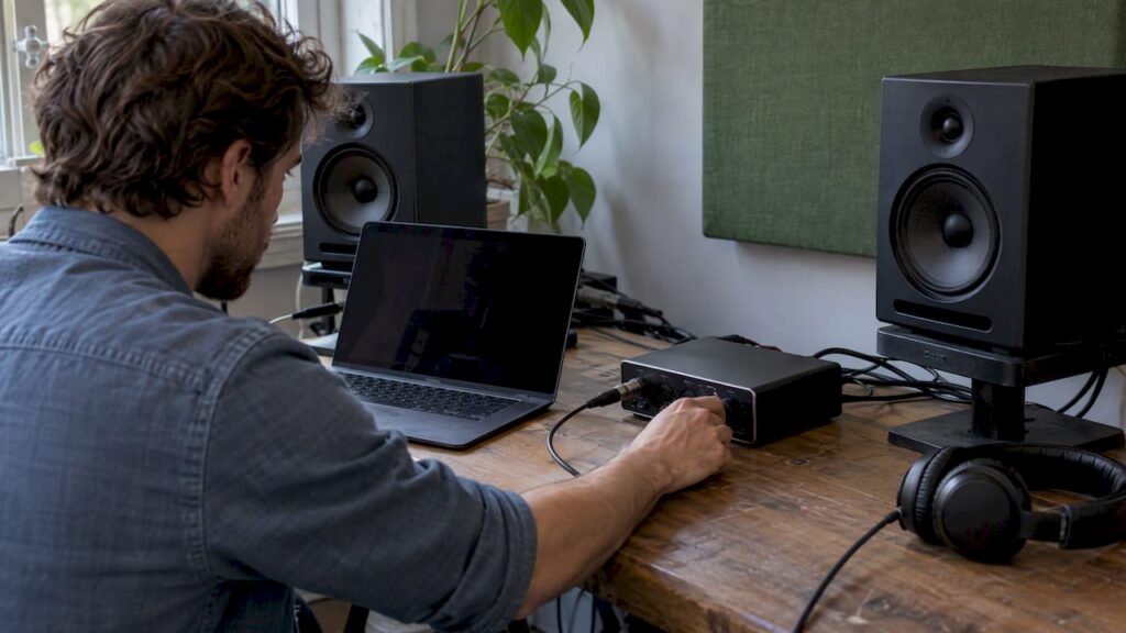 Audio-interface aangesloten op studiomateriaal