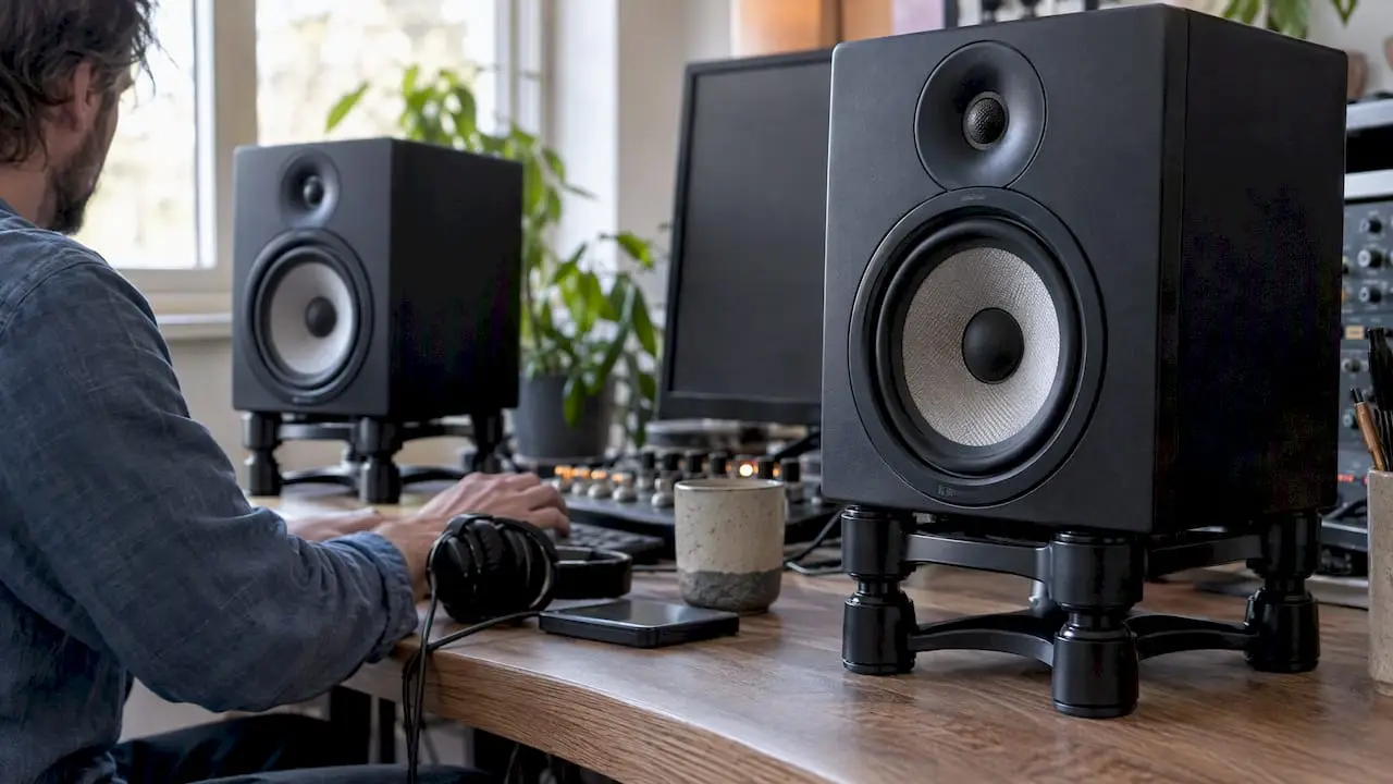 IsoAcoustics ISO-155 stands for studio monitors