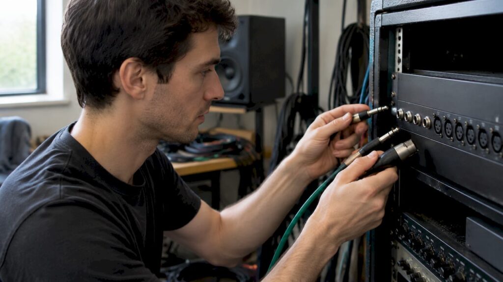 Technicus vergelijkt TRS-, TS- en XLR-connectoren