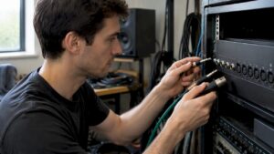 Technicus vergelijkt TRS-, TS- en XLR-connectoren