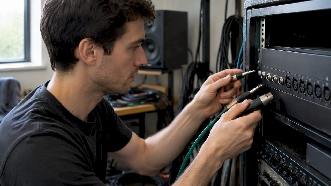 Technicus vergelijkt TRS-, TS- en XLR-connectoren
